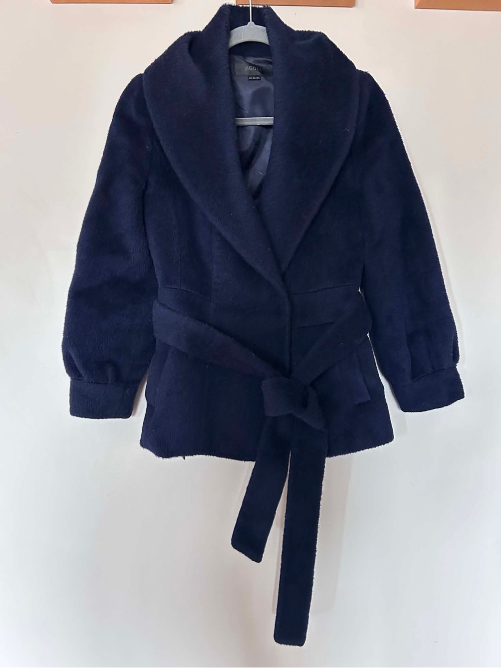 JIGOTT Korean Wool Alpaca Belted Jacket Coat Navy Blue Size 55 XS - Picture 2 of 12